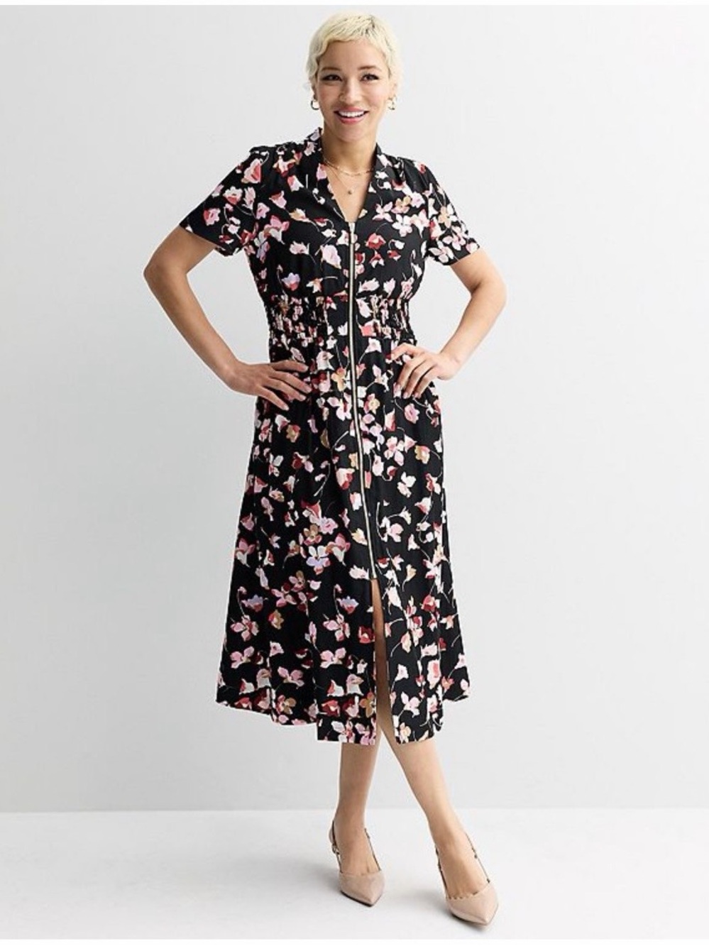 Nine West Black Midi Dress with Pink Floral Print